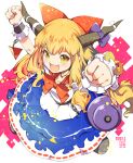  1girl blonde_hair blue_skirt blush bow brown_horns chain commentary_request cuffs dated gourd hair_bow highres horn_bow horn_ornament horns ibuki_suika ichizen_(o_tori) long_hair looking_at_viewer oni open_mouth red_bow shackles shirt skirt smile solo touhou very_long_hair white_shirt wrist_cuffs yellow_eyes 