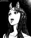  1girl bare_shoulders collarbone colored_sclera commentary demon_girl demon_horns facial_mark forehead_mark forked_tongue greyscale hair_ornament hatching_(texture) highres horns instagram_username linear_hatching long_hair long_neck monochrome original pointy_ears portrait seveninks slit_pupils solo star_(symbol) star_hair_ornament tongue tongue_out v-shaped_eyebrows 
