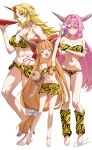 3girls absurdres alternate_costume animal_print arm_up barefoot big_onis_of_gensokyo_(touhou) bikini blonde_hair blush bow breasts brown_horns cleavage closed_eyes closed_mouth commentary_request crossed_arms cup facing_viewer fang full_body gourd hair_bow highres horns hoshiguma_yuugi ibaraki_douji_(touhou) ibaraki_kasen ibuki_suika large_breasts leg_warmers long_hair multiple_girls navel oni open_mouth pink_eyes pink_hair red_bow red_eyes red_horns red_nails sakazuki signature simple_background single_horn skin_fang small_breasts smile stomach swimsuit tadano1129 tiger_print toes touhou very_long_hair white_background yellow_bikini yellow_leg_warmers 