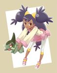  axew bent_over dark_skin gen_5_pokemon iris_(pokemon) light_smile long_hair looking_at_viewer orange_eyes pokemon pokemon_(anime) pokemon_(creature) pokemon_bw_(anime) purple_hair simple_background standing two-tone_background two_side_up youkann00 