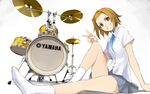  brown_eyes brown_hair drum drum_set grin hairband highres instrument k-on! kriss_sison miniskirt no_shoes school_uniform short_hair short_sleeves sitting skirt smile socks solo tainaka_ritsu v white_legwear 