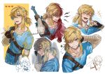  1boy \n/ angry arm_behind_head bishounen blonde_hair blue_eyes blush closed_eyes commentary earrings fingerless_gloves gloves heart jewelry link male_focus nekohanemocha pointy_ears ponytail rain short_ponytail sidelocks smile symbol-only_commentary the_legend_of_zelda the_legend_of_zelda:_breath_of_the_wild tongue white_background 
