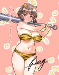  1girl absurdres animal_print bikini black_hair braid braided_bun breasts brown_eyes club_(weapon) commentary_request cone_horns fake_horns furaggu_(frag_0416) hair_bun highres holding holding_club holding_weapon horns kanabou kantai_collection large_breasts myoukou_(kancolle) navel oni_costume short_hair solo spiked_club strapless strapless_bikini swimsuit tiger_print weapon 