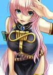  aqua_eyes breasts ekoda_(piapro) large_breasts leaning_forward long_hair megurine_luka pink_hair smile solo thighhighs vocaloid 