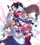  4girls absurdres ahoge arms_up artistic_error ball_and_chain_restraint bandaged_arm bandages big_onis_of_gensokyo_(touhou) black_hair blonde_hair blue_skirt bow breasts brown_hair chain clenched_hand clothes_lift commentary_request cuffs double_bun fighting_stance flat_chest floral_print forehead gourd green_skirt grin hair_between_eyes hair_bow hair_bun hair_ribbon highres holding holding_sword holding_weapon horn_ornament horn_ribbon horns hoshiguma_yuugi ibaraki_kasen ibuki_suika japanese_clothes katana konngara_(touhou) large_breasts long_hair looking_at_another looking_at_viewer low-tied_long_hair medium_breasts multiple_girls oni open_hand pink_eyes pink_hair ponytail puffy_short_sleeves puffy_sleeves red_bow red_eyes red_horns revision ribbon rose_print sash shackles shirt short_hair short_sleeves single_horn skirt skirt_lift sleeveless smile star_(symbol) star_print sword tabard torn_clothes torn_sleeves touhou touhou_(pc-98) tress_ribbon very_long_hair weapon white_background white_shirt wide_sleeves yamanakaume yellow_eyes 