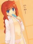  ahoge blue_eyes blush braid eating flat_chest food kouno_hikaru long_hair lyrical_nanoha mahou_shoujo_lyrical_nanoha mahou_shoujo_lyrical_nanoha_a's navel no_bra open_clothes open_mouth open_shirt orange_hair panties popsicle shirt single_braid solo underwear vita 