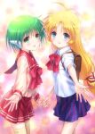  2girls android antenna_hair blonde_hair blue_eyes blue_skirt bow bowtie briefcase brown_bag collared_shirt commentary_request company_connection cowboy_shot goto_p green_eyes green_hair hair_ribbon kashiwagi_hatsune kizuato leaf_(studio) long_hair looking_to_the_side low-tied_long_hair miniskirt multi_(to_heart) multiple_girls open_mouth outstretched_arm red_bow red_bowtie red_ribbon red_sailor_collar red_skirt ribbon robot_ears sailor_collar school_briefcase school_uniform serafuku shirt short_hair skirt smile standing thighhighs to_heart to_heart_(series) very_long_hair white_shirt yellow_thighhighs 