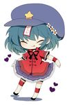  :p bad_id bad_pixiv_id beret blue_hair chibi closed_eyes flower hair_flower hair_ornament haru_(kyou) hat heart jiangshi miyako_yoshika ofuda outstretched_arms shirt simple_background skirt smile solo tongue tongue_out touhou 