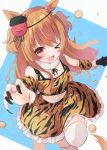  >_o 1girl animal_ears animal_print arm_warmers black_nails blush breasts club_(weapon) commentary_request cropped_shirt fang fur_collar hair_between_eyes highres holding holding_club holding_weapon horse_ears horse_girl horse_tail long_hair looking_at_viewer mayano_top_gun_(umamusume) midriff navel one_eye_closed oni_costume open_mouth orange_eyes orange_hair potarou_pomi print_skirt shirt skin_fang skirt small_breasts smile solo spiked_club tail thighhighs tiger_print two_side_up umamusume weapon white_thighhighs 