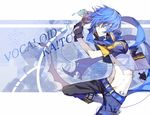  bad_id bad_pixiv_id belt black_gloves blue blue_background blue_eyes blue_hair boots buckle character_name copyright_name fingerless_gloves food gloves hachizowo ice_cream jacket kaito looking_at_viewer male_focus midriff open_clothes pants shirtless striped vertical_stripes vocaloid 