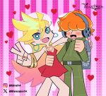  1boy 1girl blancojon14 blonde_hair blue_eyes blush breasts brief_(psg) couple dress earrings english_text freckles ghostbusters_uniform green_hoodie hair_over_eyes headphones heart heart_background hetero highres hood hoodie hoop_earrings instagram_logo instagram_username jewelry legs long_hair looking_at_viewer multicolored_hair necklace official_style open_mouth orange_hair panty_&amp;_stocking_with_garterbelt panty_(psg) pink_background proton_pack red_dress red_nails smile thighs twitter_username twitter_x_logo two-tone_hair v valentine 