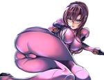  ass blue_eyes bodysuit breasts brown_hair covered_nipples evangelion:_2.0_you_can_(not)_advance finger_to_mouth glasses hips large_breasts lips long_hair lying makinami_mari_illustrious neon_genesis_evangelion on_side pink_bodysuit plugsuit rebuild_of_evangelion saburou_(hgmg) skin_tight solo trefoil wide_hips 