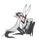 absurd_res anthro bodily_fluids boopie exoskeleton face_lick grimm_(hollow_knight) hi_res hollow_knight_(franchise) kneeling licking long_tail male male/male map red_eyes saliva simple_background sitting sitting_on_ground surprised tail team_cherry the_knight_(hollow_knight) tongue tongue_out white_background
