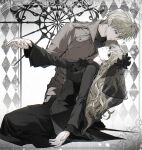  1boy 1girl a_mongs2 absurdres ascot black_ascot black_coat black_eyes black_flower black_shirt black_skirt black_veil blonde_hair brown_coat brown_pants closed_mouth coat coattails commentary cross cross_necklace dress empty_eyes expressionless flower flower_on_head full_body funeral_dress funeral_veil hair_between_eyes hand_grab hand_on_another's_hand head_back highres jewelry latin_cross long_hair long_skirt long_sleeves looking_at_another looking_at_viewer necklace original pale_skin pants serious shirt short_hair sitting skirt tailcoat turtleneck veil wavy_hair 