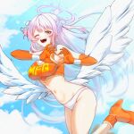  1girl ;d absurdres angel_wings bare_legs bare_shoulders blue_archive blue_sky blush boots breasts cloud commentary commission crop_top elbow_gloves english_commentary feathered_wings gloves hair_bun halo heart heart_hands high_heel_boots high_heels highres kghazir long_hair looking_at_viewer low_wings medium_breasts mf_ghost mfg_angels_outfit mika_(blue_archive) navel one_eye_closed open_mouth orange_boots orange_gloves panties pink_hair pink_halo single_side_bun sky smile solo stomach underwear very_long_hair white_panties white_wings wings yellow_eyes 