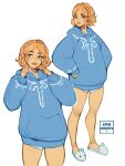  1girl animal_slippers artist_logo blonde_hair blue_hoodie braid champagne_flute commentary crown_braid cup drinking_glass english_commentary highres hood hood_down hoodie kamii_momoru logo looking_at_viewer multiple_views no_pants pointy_ears princess_zelda short_hair sidelocks simple_background slippers the_legend_of_zelda the_legend_of_zelda:_tears_of_the_kingdom white_background white_slippers 