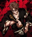  1boy absurdres aizen_sousuke black-framed_eyewear bleach blood blood_on_clothes blood_on_face blood_splatter brown_hair commentary_request curtained_hair glasses haori highres japanese_clothes katana male_focus rectangular_eyewear red_background sheath short_hair solo sword taichou_haori unsheathing weapon xi_luo_an_ya 