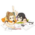 bad_id bad_pixiv_id barefoot black_eyes black_hair bonjin brown_eyes brown_hair casual cellphone iphone k-on! long_hair lying magazine multiple_girls nakano_azusa notebook on_stomach pen phone pillow side_ponytail simple_background smartphone tainaka_ritsu twintails 