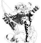  armpits arrow boots bow bow_(weapon) braid cloak dragon's_crown elf elf_(dragon's_crown) gloves greyscale highres hood injury lying monochrome monster natsume_(tsu-na) navel pig pointy_ears quiver solo thigh_boots thighhighs twin_braids weapon 