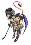  armor bangs bent_over black_eyes black_hair blue_wings blunt_bangs bow bowtie breasts chain claws cleavage demon_tail demon_wings fingernails from_side full_body garter_straps hair_ornament hair_ribbon hand_on_own_knee high_ponytail holding holding_weapon hori_airi lips long_fingernails long_pointy_ears looking_at_viewer low_wings medium_breasts nail_polish original pauldrons pointy_ears ponytail red_nails ribbon simple_background sketch skull solo tail weapon whip white_background wings 