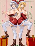  2girls arianrhod_(eiyuu_densetsu) aurelia_le_guin blonde_hair boots breasts brown_boots christmas_ornaments christmas_present dress eiyuu_densetsu gift hat highres long_hair looking_at_viewer medium_breasts multiple_girls muscular muscular_female naughty_face nipples santa_costume santa_dress santa_hat smile thighhighs thighs waifuviolenta white_hair 