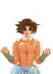 abs absurdres bandaid bandaid_on_cheek bandaid_on_face breath brown_eyes brown_hair clenched_hands closed_mouth commentary_request curtained_hair dougi flipped_hair highres japanese_clothes looking_at_viewer matsuena_shun muscular official_art shijou_saikyou_no_deshi_ken'ichi shirahama_ken'ichi short_hair simple_background smile sweat topless_male upper_body v-shaped_eyebrows white_dougi 