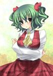  alternate_hairstyle ascot blush breast_hold breasts crossed_arms frown green_hair hair_ribbon highres kazami_yuuka medium_breasts plaid plaid_skirt plaid_vest red_eyes ribbon shirt skirt skirt_set solo suzuki_nene touhou twintails unmoving_pattern vest 
