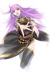  belt black_legwear bracelet detached_sleeves foreshortening headset jewelry kriss_sison long_hair long_skirt megurine_luka midriff nail_polish navel open_mouth outstretched_hand pink_hair purple_eyes side_slit single_sleeve skirt solo thighhighs very_long_hair vocaloid 