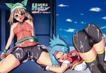  2girls bike_shorts bukkake cum haruka_(pokemon) hinata_(pokemon) hisui_(stapspats) multiple_girls photoshop pokemon pokemon_(game) pokemon_emerald pokemon_ranger pokemon_ranger_(game) pokemon_rse spats stapspats stapspats_(artist) wink 