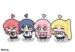  >_< 4girls :3 ahoge black_skirt blue_eyes blue_hair bocchi_the_rock! chibi chibi_only closed_mouth commentary detached_ahoge english_commentary full_body gotoh_hitori green_eyes highres ijichi_nijika jacket kita_ikuyo lineup long_hair looking_at_viewer lulalang multiple_girls open_mouth pink_hair pink_jacket red_hair shirt simple_background skirt smile standing twitter_username white_background white_shirt yamada_ryo 