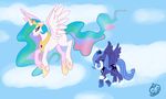  alicorn cloud crown cutie_mark duo equine female feral friendship_is_magic hair hasbro horn horse lilmandarin long_hair mammal multi-colored_hair my_little_pony pegacorn plain_background pony princess princess_celestia_(mlp) princess_luna_(mlp) rainbow_hair royalty sibling siblings sisters smile tail winged_unicorn wings 