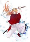  hakama himura_kenshin japanese_clothes katana long_hair male_focus orange_hair ponytail purple_eyes red_hair rurouni_kenshin samurai sandals scar sheath solo sword tanoshihana weapon 