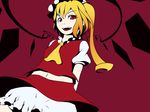  arms_behind_back bad_id bad_pixiv_id blonde_hair dise flandre_scarlet flat_color hat high_contrast navel red_background red_eyes side_ponytail slit_pupils solo touhou wings 