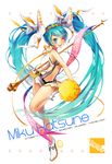  absurdres aqua_eyes aqua_hair cheerleader earphones hair_ribbon hatsune_miku highres long_hair navel one_eye_closed open_mouth reika_(clovia_studio) ribbon smile solo twintails very_long_hair vocaloid 