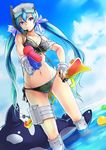  aiming aqua_eyes aqua_hair ass_visible_through_thighs beach bikini breasts camouflage camouflage_bikini cleavage cloud day diving_mask dolphin dutch_angle groin hatsune_miku long_hair medium_breasts mirai_denki outdoors side-tie_bikini sky slender_waist smile solo swimsuit twintails very_long_hair vocaloid wading water_gun 