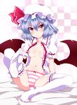  :&lt; areolae bed_sheet blue_hair blush bow bow_panties breasts busuneko checkered checkered_background feet frown hat highres leg_up mob_cap navel nipples no_bra no_pants open_clothes panties pov_feet red_eyes red_ribbon remilia_scarlet ribbon sitting small_breasts solo spread_legs striped striped_panties thighhighs toe_scrunch touhou underwear white_legwear wings 