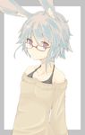  animal_ears blue_hair border brown_eyes bunny_ears glasses highres looking_at_viewer original red-framed_eyewear short_hair solo sweater tsunotsuki_(uguisu_maccha) 