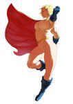  1girl alien amanojaku_(sekiguchi) belt blonde_hair blue_eyes blue_gloves blue_shoes boots cape cleavage_cutout clenched_hand cutout dc_comics female flying gloves highres kryptonian leotard power_girl red_cape sekiguchi_(pixiv61280) shoes short_hair simple_background solo 