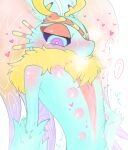 2022 8_nipples alien ambiguous_gender anthro antlers big_nipples biped blush blushing_profusely bodily_fluids chest_tuft chinchilla chinchillid colored_nails countershade_torso countershading dialogue digital_drawing_(artwork) digital_media_(artwork) erect_nipples fecto_elfilis fingernails fur glistening glistening_body glistening_fur glistening_nipples half-length_portrait head_wings heart_pupils hi_res horn huge_wings japanese_description japanese_text kirby_(series) kirby_and_the_forgotten_land looking_at_viewer mammal mouthless multi_nipple multicolored_body multicolored_eyes multicolored_fur nails neck_tuft nintendo nipples nude_ambiguous nude_anthro pink_body pink_eyes pink_fur pink_nipples portrait pupils purple_fingernails purple_nails purple_sclera rodent shoulder_blush simple_background skbe_gemini solo speech_bubble starling_(kirby) sweat sweatdrop teal_body teal_eyes teal_fur tears text three-quarter_view tuft unusual_wing_placement white_background wings yellow_body yellow_fur