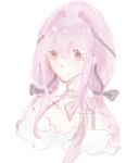  1girl bare_shoulders black_bow black_ribbon bow bow_choker bowtie bra_strap brown_eyes chinese_commentary choker closed_mouth commentary_request cropped_torso dot_nose eyelashes frilled_shirt frills hair_between_eyes hair_bow hair_intakes hair_ribbon happy highres infinity_nikki king693914 light_blush long_hair long_sidelocks looking_at_viewer low_twintails nikki_(nikki) nikki_(series) off-shoulder_shirt off_shoulder perfect_start_(infinity_nikki) pink_bow pink_bowtie pink_choker pink_hair ribbon shirt sidelocks simple_background sketch smile solo tress_ribbon twintails very_long_hair white_background white_shirt 