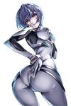  ass ayanami_rei bob_cut bodysuit breasts commentary_request expressionless from_behind from_below grey_bodysuit hand_on_ass hand_on_own_chest highres hips light_blue_hair looking_at_viewer looking_down medium_breasts narrow_waist neon_genesis_evangelion plugsuit red_eyes saburou_(hgmg) short_hair simple_background skin_tight skindentation slender_waist solo trefoil twisted_torso very_short_hair white_background white_bodysuit wide_hips 