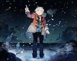  21grams bad_id bad_pixiv_id breath closed_eyes coat facial_mark landscape male_focus night night_sky no.6 open_mouth pointing shion_(no.6) sky snow snowing solo white_hair 