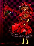  alternate_wings ascot bad_id bad_pixiv_id barefoot blonde_hair blood bow checkered checkered_background embellished_costume flandre_scarlet hat hat_bow highres petticoat red skirt skirt_set solo standing suimu_(karamachi) touhou wings wrist_cuffs 