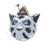  blue_eyes commentary_request evolutionary_line floating glalie highres holding horns ice muru_zatta on_head pokemon pokemon_(creature) pokemon_focus pokemon_on_head sitting smile snorunt snow teeth twig white_background 
