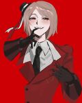  1boy axis_powers_hetalia black_gloves blending blonde_hair clutching_clothes collared_shirt finger_in_own_mouth gloves grin hat hat_ribbon highres kaminai404 light_blush mini_hat monochrome_background necktie red_background red_eyes red_suit red_theme ribbon romania_(hetalia) sharp_teeth shirt short_hair simple_background smile solo striped_clothes striped_wrist_cuffs suit teeth upper_body wrist_cuffs 