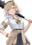  1girl absurdres anger_vein animal_print armband black_skirt blonde_hair blue_eyes blue_hair clothes_around_waist club_(weapon) collared_shirt commentary_request cowboy_shot fake_horns false_smile gloire_(kancolle) gloire_kai_(kancolle) gloire_kai_(setsubun)_(kancolle) hand_on_own_hip highres holding holding_club holding_weapon horns jacket jacket_around_waist kanabou kantai_collection looking_at_viewer mole mole_on_neck multicolored_hair scrunchie shirt short_hair skirt smile solo spiked_club sukimizaki tiger_print weapon white_shirt wrist_scrunchie yellow_armband yellow_scrunchie 