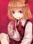  blonde_hair blood blood_on_face bloody_clothes red_eyes ribbon rumia smile solo suna_(s73d) touhou 