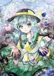  :d black_hat bow dress eyebrows_visible_through_hair flower frilled_sleeves frills green_eyes green_hair green_skirt hat hat_bow hat_ribbon ichi_(antonym) komeiji_koishi looking_at_viewer medium_hair multicolored multicolored_clothes multicolored_dress open_mouth ribbon shirt skirt smile solo string third_eye touhou yellow_ribbon yellow_shirt 