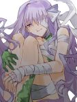  1girl :d bandage_over_one_eye bandaged_arm bandages chinese_commentary commentary_request empty_eyes fate/extra fate/extra_ccc fate/extra_ccc_fox_tail fate_(series) feet_out_of_frame from_below grin hair_behind_ear highres hugging_own_legs kingprotea_(fate) knees_up lioyu_f long_hair looking_at_viewer moss naked_bandage no_pupils purple_eyes purple_hair simple_background sitting smile solo tsurime very_long_hair 
