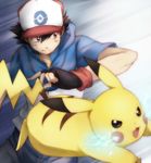  1boy ash_ketchum baseball_cap black_gloves black_hair commentary_request fingerless_gloves gloves hat male_focus maruki_(punchiki) orange_eyes pikachu pokemon pokemon_(anime) pokemon_(creature) 